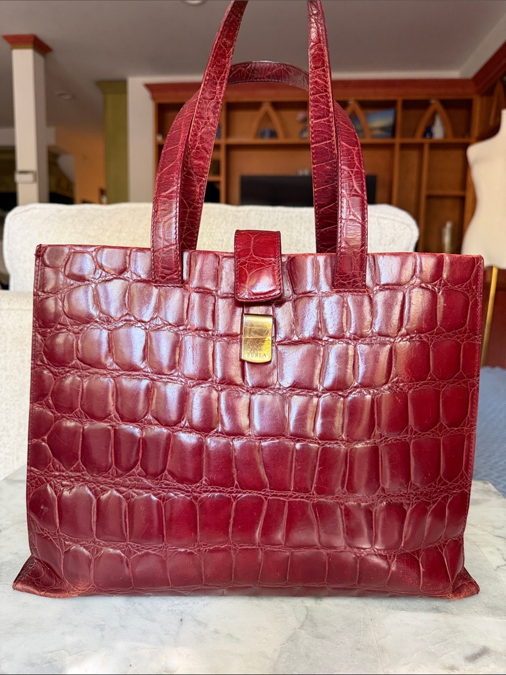 Vintage FURLA Women's Croc-Embossed Leather Tote Bag in Deep Burgundy As Is